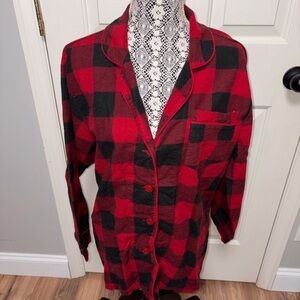 Pottery brown red buffalo plaid flannel‎ button pajama top holiday Christmas L